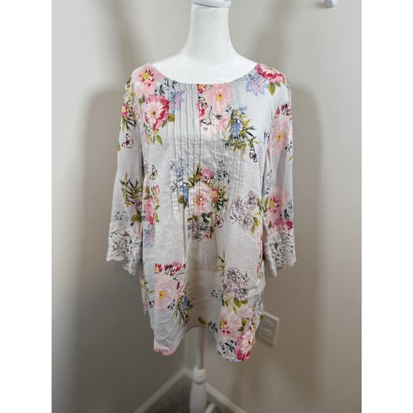 J. Jill Tops - J Jill Love Linen Floral Top Size Medium Lace Trim Lagenlook Pleated Cottage